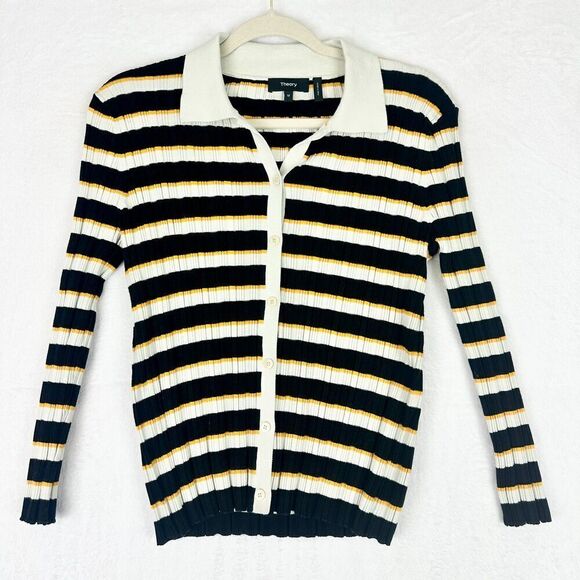Theory Deep V Cardigan Hudson Stripe Cotton Size Medium Rib Knit - Picture 2 of 5